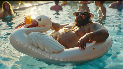 a llife like resemblance of an obese man in a swimming pool, on an inflatable swan lilo, he wears a bucket hat, he wears a big gold chain around his neck, holding a cocktail in one hand and barely staying afloat, on lookers in the pool are in disbelief, hyper realistic, the pool glistens in the sun, the lighting is amazing, 8k. shot on sony alpha a9, the man looks as human as possible, --ar 16:9