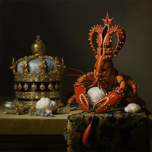 a lobster wearing royal crown jewels sitting on a throne in the style of Pieter Claesz still life oil painting