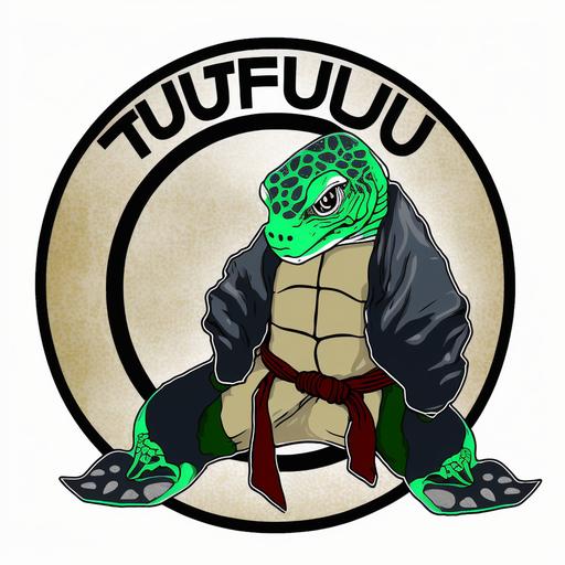 a logo about turtle doing jiu jitsu with kimono, text 