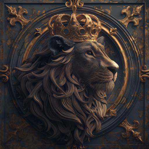 a logo depicting a lion with a large golden crown on his head, the lion is facing to the right, laid on top of a large gothic cross, photorealistic, intricate details --v 6.0