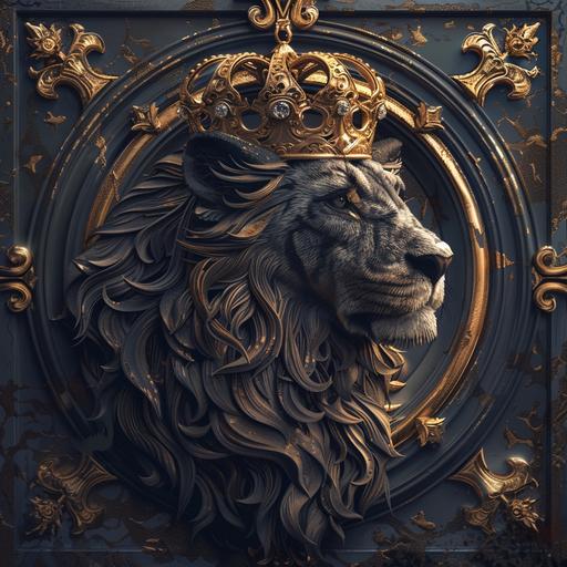 a logo depicting a lion with a large golden crown on his head, the lion is facing to the right, laid on top of a large gothic cross, photorealistic, intricate details