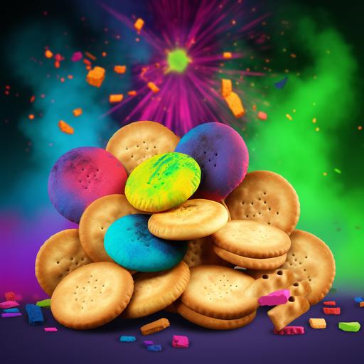 a logo featuring realistic, golden-brown round crackers (#DAA520) in the foreground, while the background showcases a vibrant, Holi festival-inspired explosion of colors. The lively background includes electric blue (#0070FF), sunshine yellow (#FFC300), vibrant pink (#FF007F), and lime green (#6FFF00) --v 5