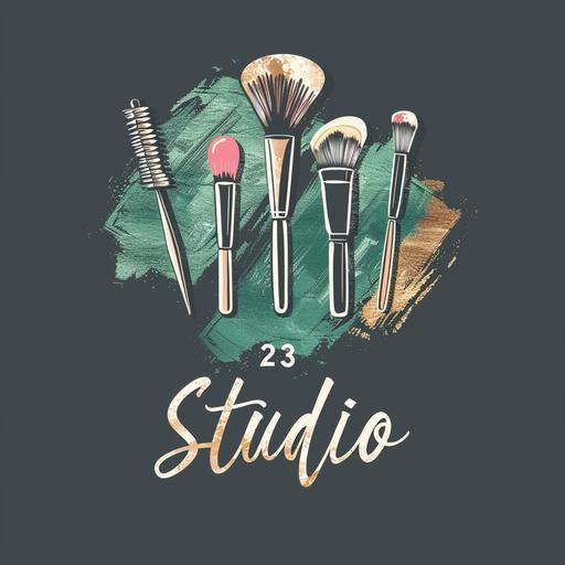 a logo for an make up studio, use colors like green olive, yellow gold and satin black, use things like blush, brush, mascara in the making, put 