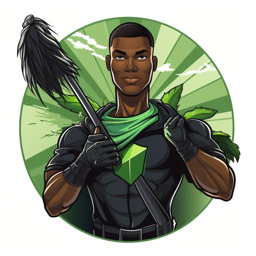 a logo of a black superhero in a janitor uniform holding a broom in one hand and a green leaf in the other, portraying top-notch, eco-friendly cleaning services. Flat