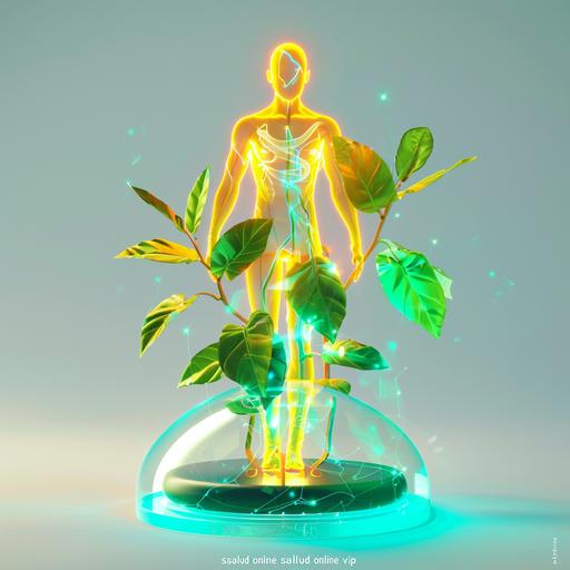 a logo of a plant and a person that symbolices empowering, health and fredom. Use bright green, orange, yellow, blue and aquamarine vibrant colors, glossy base, clear background, 3d rendering, clear background, isometric, translucent, technology sence, studio light, c4d. blender, clean, hyper-detailed. for company named 