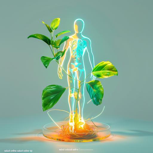 a logo of a plant and a person that symbolices empowering, health and fredom. Use bright green, orange, yellow, blue and aquamarine vibrant colors, glossy base, clear background, 3d rendering, clear background, isometric, translucent, technology sence, studio light, c4d. blender, clean, hyper-detailed. for company named 