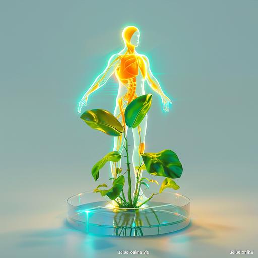 a logo of a plant and a person that symbolices empowering, health and fredom. Use bright green, orange, yellow, blue and aquamarine vibrant colors, glossy base, clear background, 3d rendering, clear background, isometric, translucent, technology sence, studio light, c4d. blender, clean, hyper-detailed. for company named 