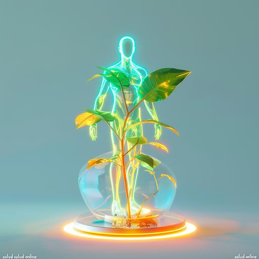 a logo of a plant and a person that symbolices empowering, health and fredom. Use bright green, orange, yellow, blue and aquamarine vibrant colors, glossy base, clear background, 3d rendering, clear background, isometric, translucent, technology sence, studio light, c4d. blender, clean, hyper-detailed. for company named 