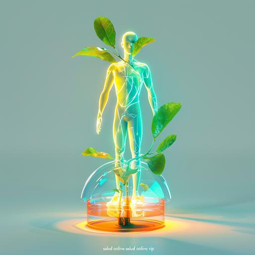 a logo of a plant and a person that symbolices empowering, health and fredom. Use bright green, orange, yellow, blue and aquamarine vibrant colors, glossy base, clear background, 3d rendering, clear background, isometric, translucent, technology sence, studio light, c4d. blender, clean, hyper-detailed. for company named 