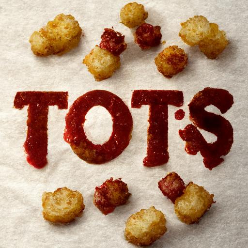 a logo on white crinkled paper, surrounded by tater tots, the word 