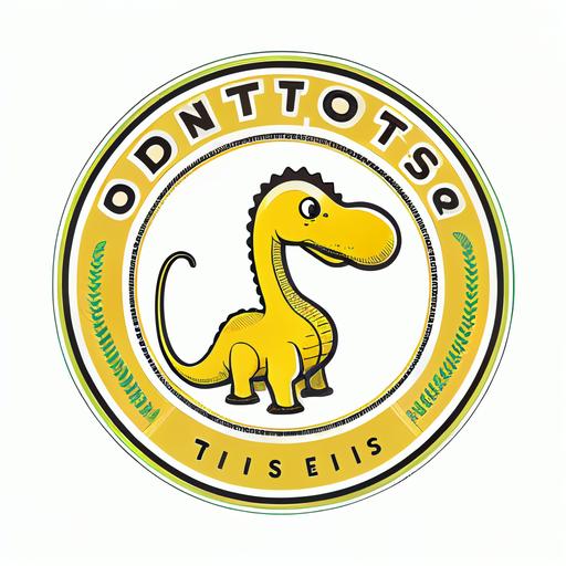 a logo that has a cute dinosaur, yellow, with a long neck, with a white, circular background, for a store that sells corn and its name is 