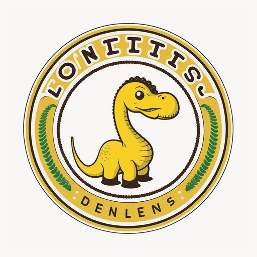 a logo that has a cute dinosaur, yellow, with a long neck, with a white, circular background, for a store that sells corn and its name is 