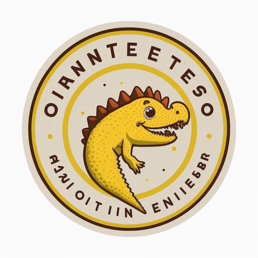 a logo that has a cute dinosaur, yellow, with a white, circular background, for a store that sells corn and its name is 