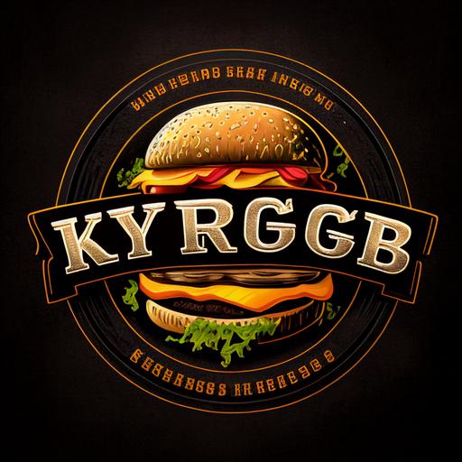 a logo that has the name kysburger under it a hamburger that is located in its place of preparation around it that contains lettuce, tomato, meat, onion, yellow cheese and white cheese, ham, mayonnaise, ketchup, mustard, potato chips and bacon which looks realistic black background super definition