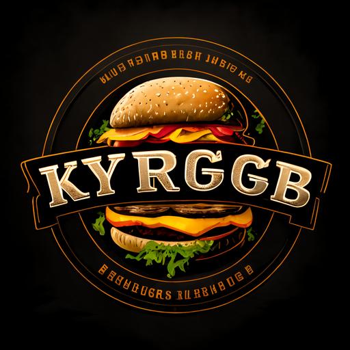 a logo that has the name kysburger under it a hamburger that is located in its place of preparation around it that contains lettuce, tomato, meat, onion, yellow cheese and white cheese, ham, mayonnaise, ketchup, mustard, potato chips and bacon which looks realistic black background super definition