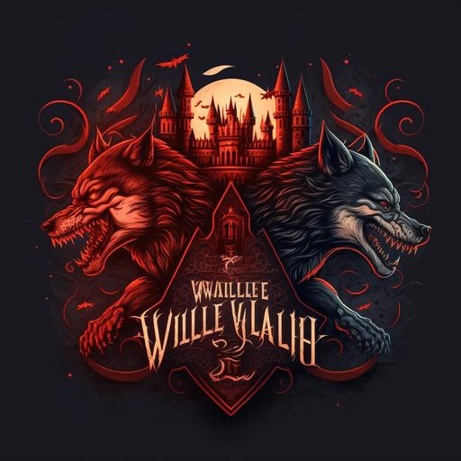 a logo, vampires and werewolves fighting, red lights, behind a big castle