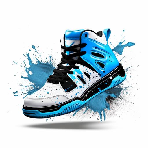 a logo with black, white, and blue basketball shoes that say splash footware, 8k, hyper-realistic