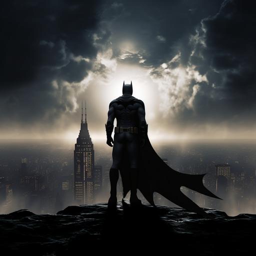 a lone figure emerging from the shadows atop a towering building. This is Batman, his cape billowing in the wind, standing as a sentinel over his city. He should appear both powerful and burdened, a symbol of fear and hope. The background should capture Gotham stretching out beneath him, a tapestry of light and darkness, mirroring the duality of the hero himself. The overall tone of the image should be moody and atmospheric, capturing the essence of Gotham as a city of contrasts, where every light and shadow tells a story. Realistic, ar 16:9, s 200, v 6.0, w 1, movie epic, visually appealing, motion lines, lively and engaging pose, dynamic lighting,