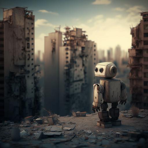 a lone robot in a dilapidated and empty city, tall buildings barren and empty, no sign of life nor any nature, birds-eye-view, photo realistic, realism, hyper resolution --v 4