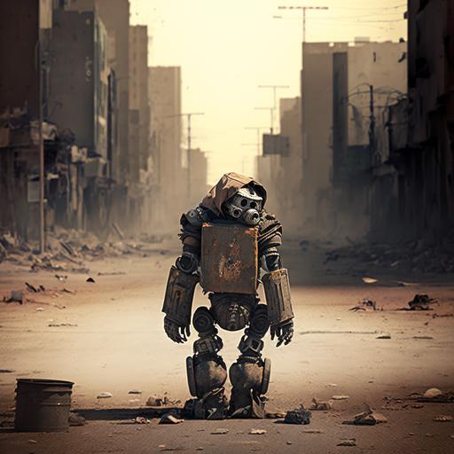 a lone robot that is now delapidated and rusted, missing an arm OR missing a leg meaning it should only have ONE arm or ONE leg, walking in an abandoned cityscape, post apocalyptic, barren, empty, wasteland. Photo realistic, raw image, moody lighting, no signs of life, no nature, no animals. --v 4