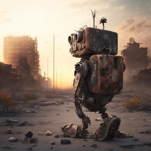 a lone robot that is now delapidated and rusted, missing an arm OR missing a leg meaning it should only have ONE arm or ONE leg, walking in an abandoned cityscape, post apocalyptic, barren, empty, wasteland. Photo realistic, raw image, moody lighting, no signs of life, no nature, no animals. --v 4