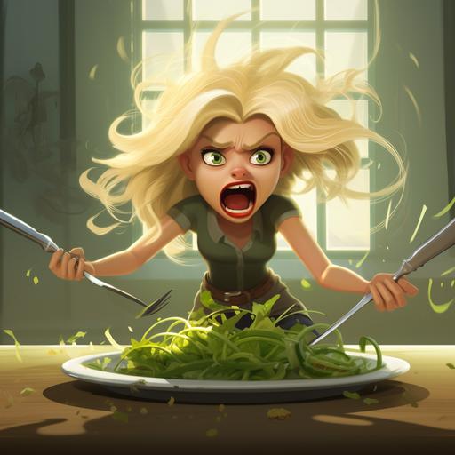 a lone, solitary Craisin cries in fear as a blond woman spears it with a fork in a salad, pixar style, cartoon