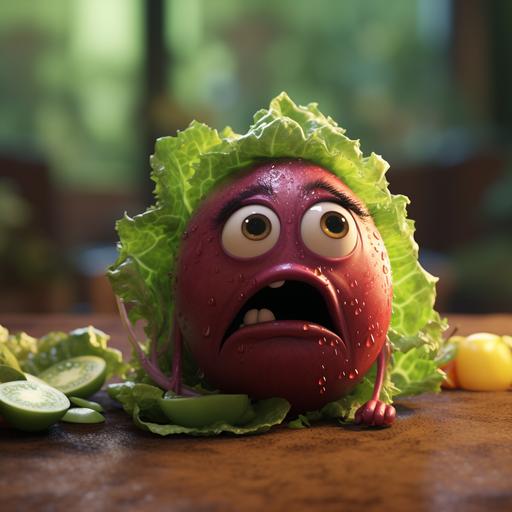 a lone, solitary wrinkled cranberry cries in fear in a salad, pixar style, cartoon
