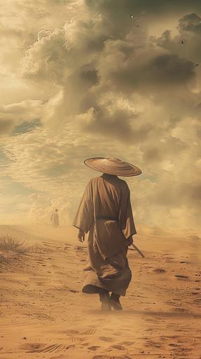a lonely samurai in a straw hat goes into the desert, Jesus is walking next to him, landscape, a lot of sand, film effect, --ar 9:16