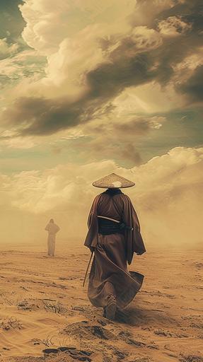 a lonely samurai in a straw hat goes into the desert, Jesus is walking next to him, landscape, a lot of sand, film effect, --ar 9:16
