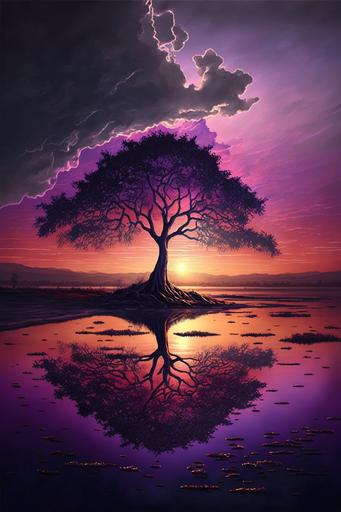 a lonely tree in the purple sunset, realistic painting --ar 2:3