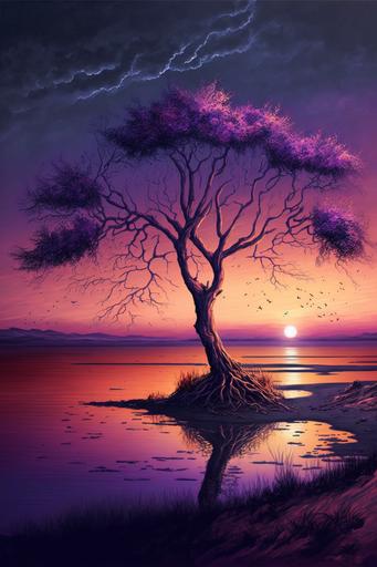 a lonely tree in the purple sunset, realistic painting --ar 2:3