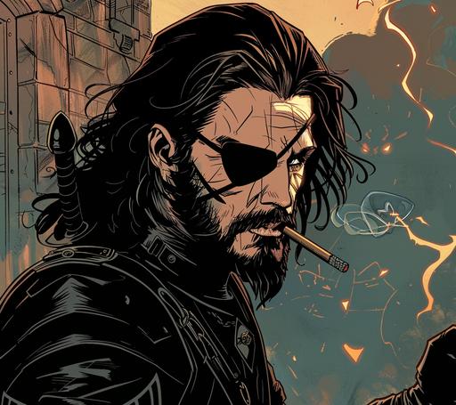 a long haired D&D assassin in black with an eyepatch smoking A panel from an old comic book. A ruggedly handsome man with long hair and a beard, wearing black leather armor over his simple . He has one eye patch covering his left eye. In the background is hell. In the style of Frank Miller's Sin City comics. --ar 37:33 --v 6.0