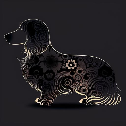 a long haired dachshund black silhouette with background ornamental paisley patterns