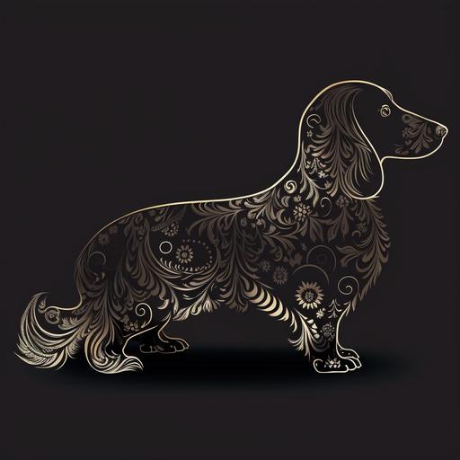a long haired dachshund black silhouette with background ornamental paisley patterns