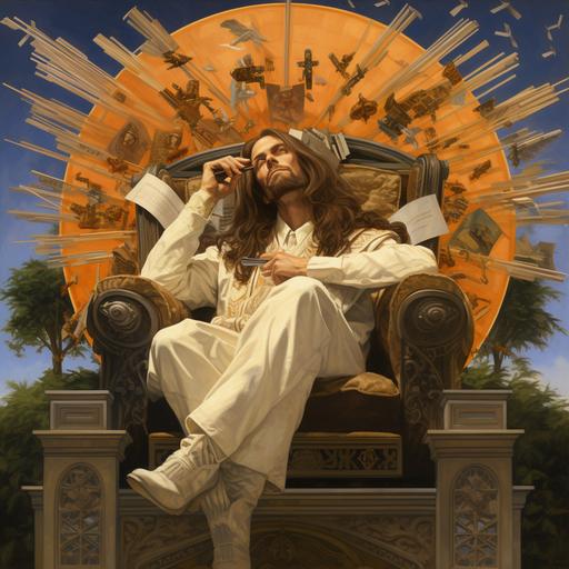 a long haired man sitting on a glorious throne, holding a vinyl disc, money falling from the sky, beutiful palm trees and properity, art by j.c. leyendecker
