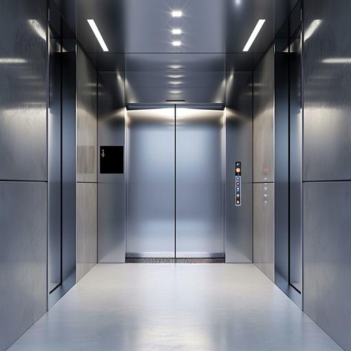 a look inside an elevator, in front view, with stainless steel doors and a mirror on the back panel, 43