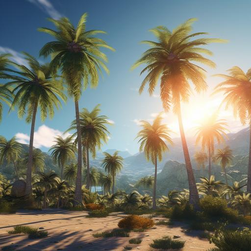 a lot of palm trees, sunny skye in the background, photorealistic --s 50