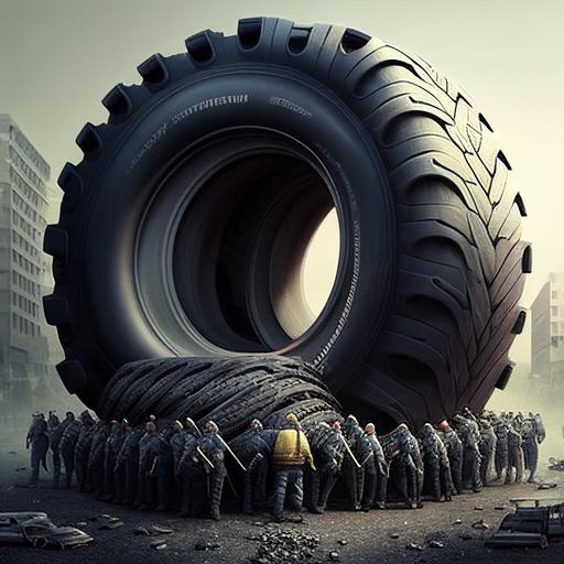 a lot of tires on picture, one tire is escaping from the group, very detailed, realistic