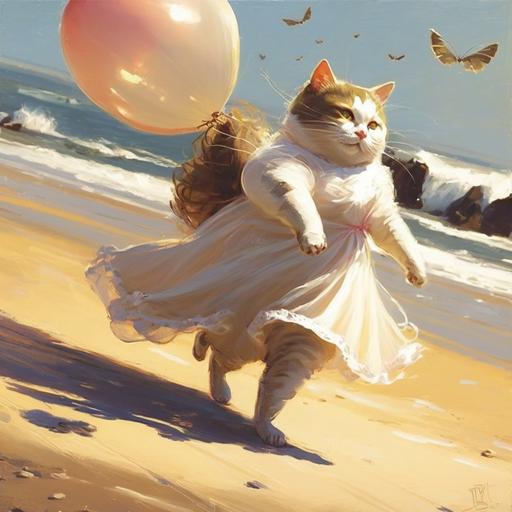 a lovely cat wearing wedding dress run on the beach, sunshine, love balloon