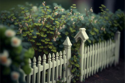 a lovely picket fence, Ivy, flowers, tilt-shift --ar 3:2