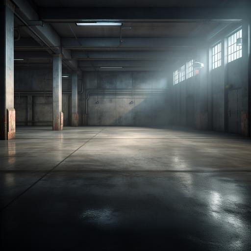 a lowlighting empty garage, with polished yet filled with little cracks concrete floar, industrial photo realistic , 9:16 --uplight --v 5.2