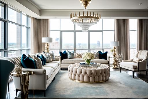 a luxurious, photorealistic photograph of a luxury penthouse suite in a modern high-rise building, with floor-to-ceiling windows offering panoramic views of the city skyline. The interior is decorated with sleek and modern furniture, a plush cream-colored rug, and an abundance of gold accents and sparkling crystal chandeliers. The room is filled with an air of opulence and indulgence, with a fully stocked bar and a grand piano in the corner. In the center of the room, a Jacuzzi bubbles away in the corner, surrounded by plush towels and scented candles. As the sun sets, the room is bathed in a warm, golden glow, creating a sense of tranquility and serenity. --ar 3:2 --v 4