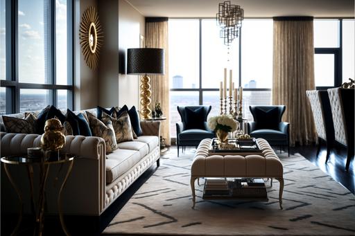 a luxurious, photorealistic photograph of a luxury penthouse suite in a modern high-rise building, with floor-to-ceiling windows offering panoramic views of the city skyline. The interior is decorated with sleek and modern furniture, a plush cream-colored rug, and an abundance of gold accents and sparkling crystal chandeliers. The room is filled with an air of opulence and indulgence, with a fully stocked bar and a grand piano in the corner. In the center of the room, a Jacuzzi bubbles away in the corner, surrounded by plush towels and scented candles. As the sun sets, the room is bathed in a warm, golden glow, creating a sense of tranquility and serenity. --ar 3:2 --v 4