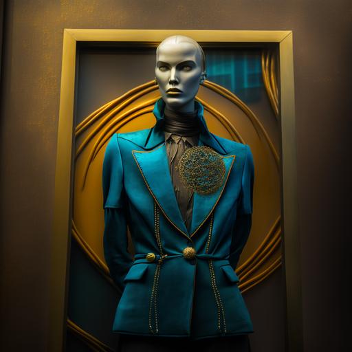 a luxury retail store window dispay. This is a closed back window, and the background is gold. the mannequin is wearing a turqoise blue blazer, with gold jewelry. this is innovative, avant garde, and surrealist aesthetic