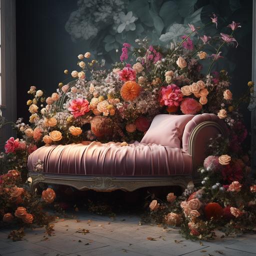 a lying stool bed surrounded and covered by flowers, photo realistic