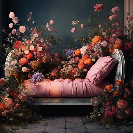 a lying stool bed surrounded and covered by flowers, photo realistic