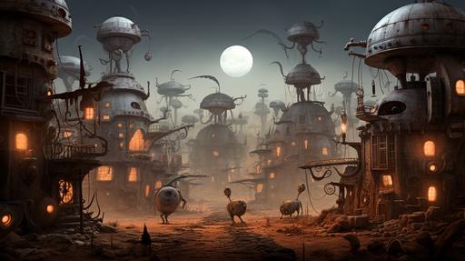 a machinarium style city in the background, smoke billowing from chimneys, strange flying vehicles, in the foreground a dusty road with tire marks and some strange vehicles --ar 16:9 --seed 121297