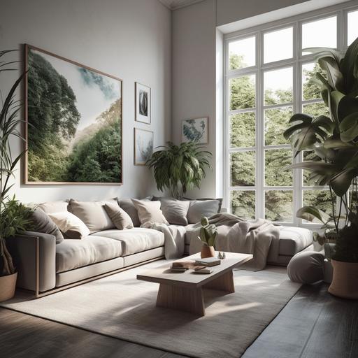 a magazine quality shot of a living room with natural lighting and a large picture window that contains contemporary furniture, featuring a large couch and some indoor plants. The walls are white. Above the couch, a large section of wall contains a large wall art in a frame that is unobstructed by shadows or plant placement. The overall effect is a calm, bright, and relaxing space. highly realistic, unreal engine, Photorealistic, Hyperrealism, detailed, 8k, beautiful scenery, beautiful light, octane render, Cinematic, magazine quality, shot on 25 mm, shutter speed 1/200th, f/10, super-resolution, Megapixel, Pro photo RGB, VR, Good, Massive, Incandescent, Optical fibre, studio lighting, soft lighting, Volumetric, Beautiful lighting, Accent lighting, Global illumination, Screen space global illumination, Ray Tracing global illumination, Optics, Scattering, Glowing, Shadows, Ray tracing Reflections, Lumen Reflections, Screen space reflections, Diffraction Grading, Chromatic aberration, GB displacement, Scan lines, Ambient Occlusion, Anti-Aliasing, FKAA, TXAA, RTX, SSAO, OpenGL-Shader’s, Post processing, Post-Production, Cell shading, Tone mapping, CGI, VFX, SFX, insanely detailed and intricate, elegant, photography, volumetric, ultra-detailed, intricate details, super detailed, ambient - - uplight - - v 5 - - q 2 --s 750 --v 5.0