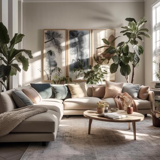 a magazine quality shot of a living room with natural lighting and a large picture window that contains contemporary furniture, featuring a large couch and some indoor plants. The walls are white. Above the couch, a large section of wall contains a large wall art in a frame that is unobstructed by shadows or plant placement. The overall effect is a calm, bright, and relaxing space. highly realistic, unreal engine, Photorealistic, Hyperrealism, detailed, 8k, beautiful scenery, beautiful light, octane render, Cinematic, magazine quality, shot on 25 mm, shutter speed 1/200th, f/10, super-resolution, Megapixel, Pro photo RGB, VR, Good, Massive, Incandescent, Optical fibre, studio lighting, soft lighting, Volumetric, Beautiful lighting, Accent lighting, Global illumination, Screen space global illumination, Ray Tracing global illumination, Optics, Scattering, Glowing, Shadows, Ray tracing Reflections, Lumen Reflections, Screen space reflections, Diffraction Grading, Chromatic aberration, GB displacement, Scan lines, Ambient Occlusion, Anti-Aliasing, FKAA, TXAA, RTX, SSAO, OpenGL-Shader’s, Post processing, Post-Production, Cell shading, Tone mapping, CGI, VFX, SFX, insanely detailed and intricate, elegant, photography, volumetric, ultra-detailed, intricate details, super detailed, ambient - - uplight - - v 5 - - q 2 --s 750 --v 5.0