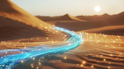 a magical blue rope with sparkles around it in a desert landscape with sand all around it. realistic. photorealistic. cinematic. --ar 16:9